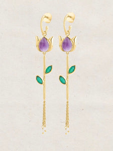 Pendientes flor - Bronce baño oro 18K con minerales