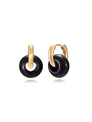 Pendientes aros mineral ágata lace negro · Acero dorado baño oro 18K