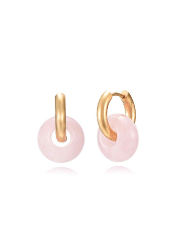 Pendientes aros mineral cuarzo rosa · Acero dorado baño oro 18K